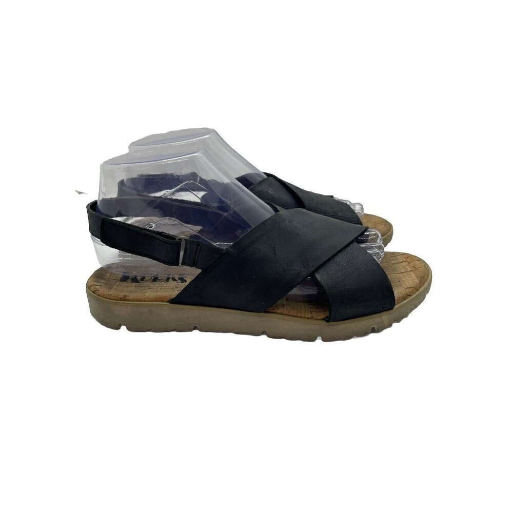 Korks Women's Sz 8M Black Leather Crossover Flat Sandals Shoes Kork-Ease Q42403